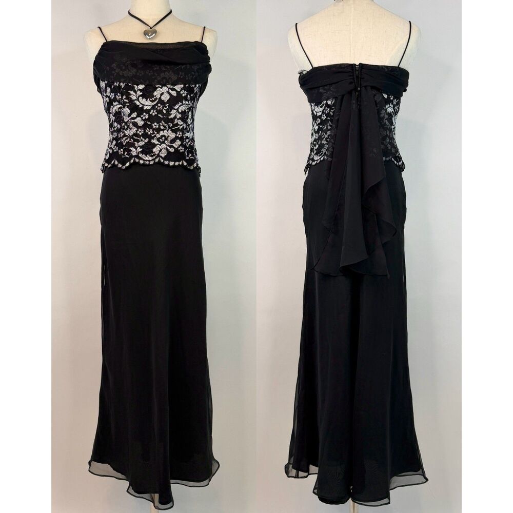 Vintage Whimsygoth Black/White Lace Maxi Dress Fairy Bodice Formal Gown XS/S